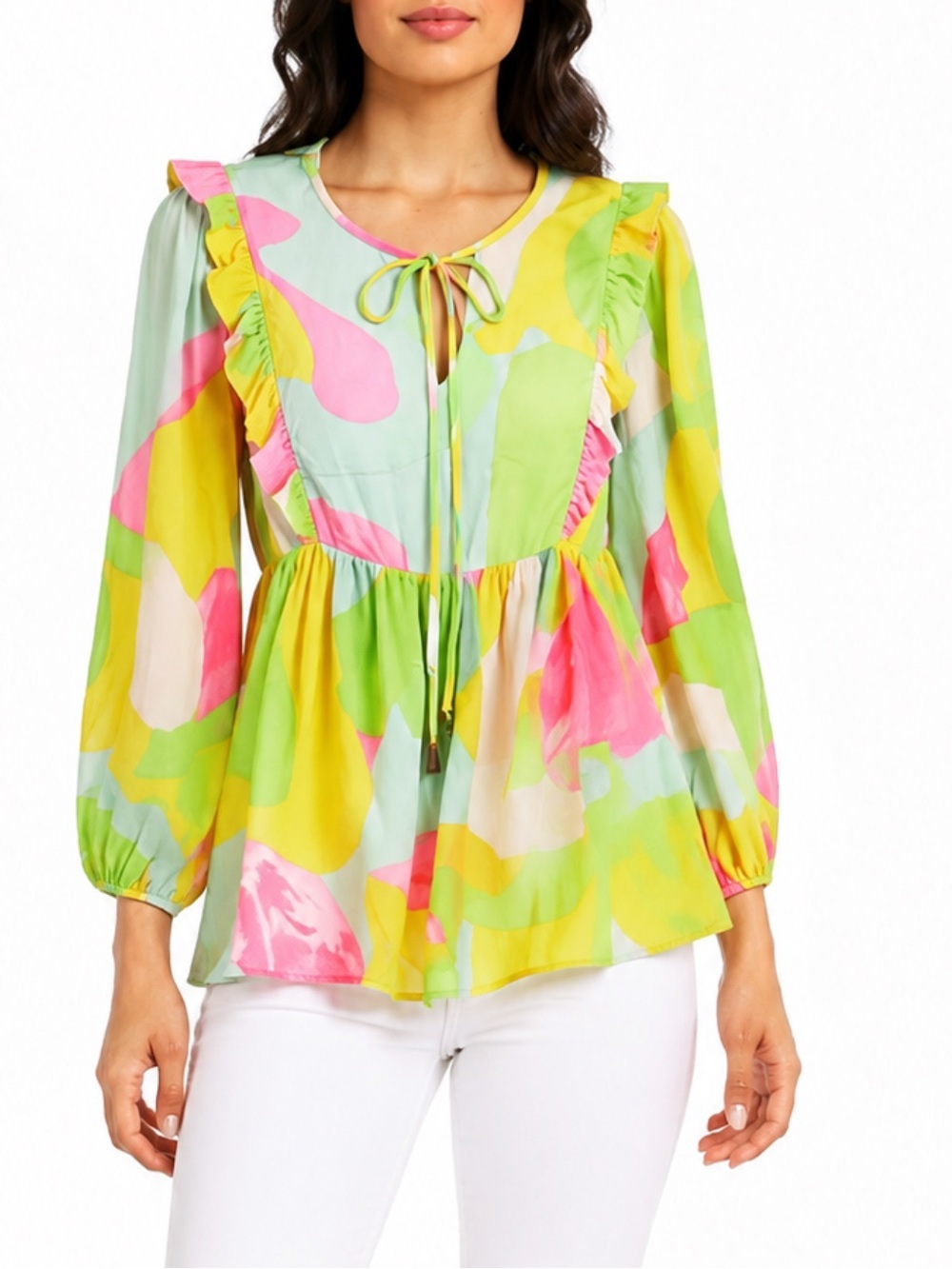 Entro from Anthropology | Neon Ballon sleeve Babydoll top Sz S EUC